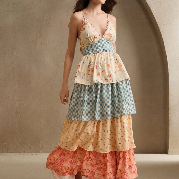 Apricot Boho Women's Floral Print Patchwork Style Long Dress - Picture 7 of 7